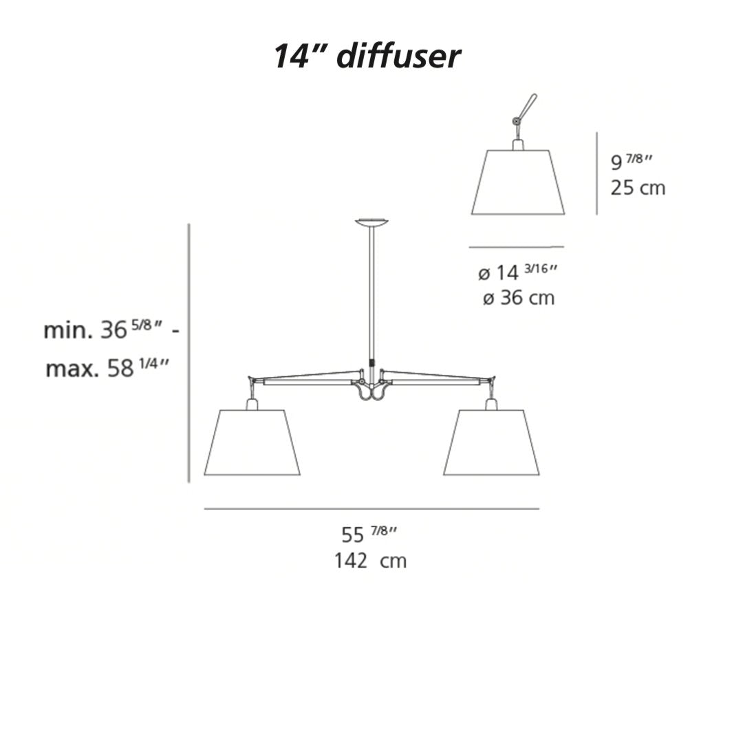 14" pendant lamp with a sleek metal finish and white shade, clean lines, and modern design.