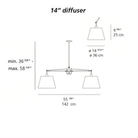 14" pendant lamp with a sleek metal finish and white shade, clean lines, and modern design.