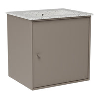 Modern beige cabinet with a speckled white countertop, featuring a minimalist design and smooth finish.
