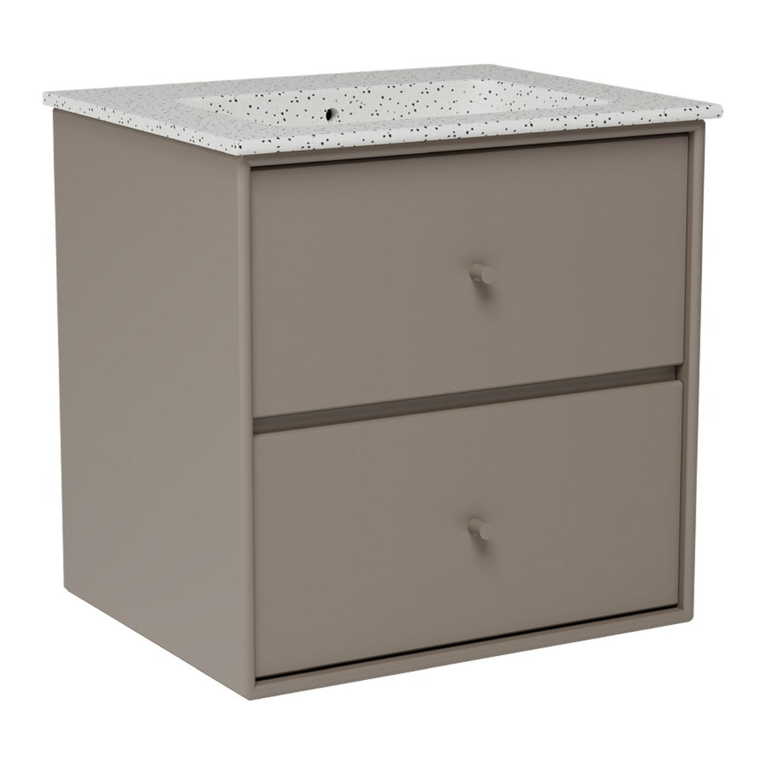 Light taupe cabinet with a speckled white countertop and sleek drawer pulls. Modern and minimalist design.