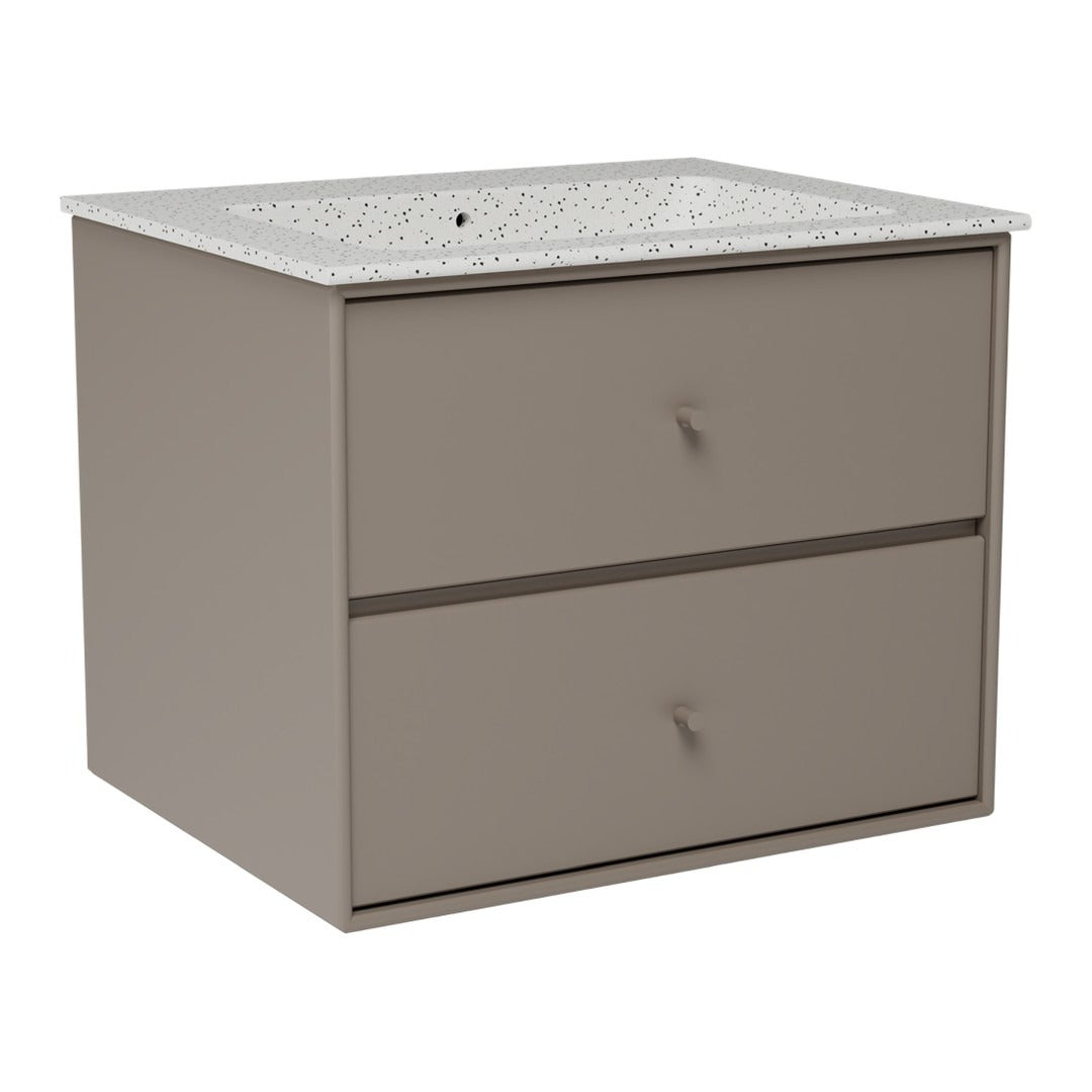 Light brown storage cabinet with a speckled white countertop and two drawers. Suitable for modern decor.