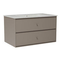 Stylish grey storage cabinet with a textured white countertop and simple drawer handles. Modern and functional design.