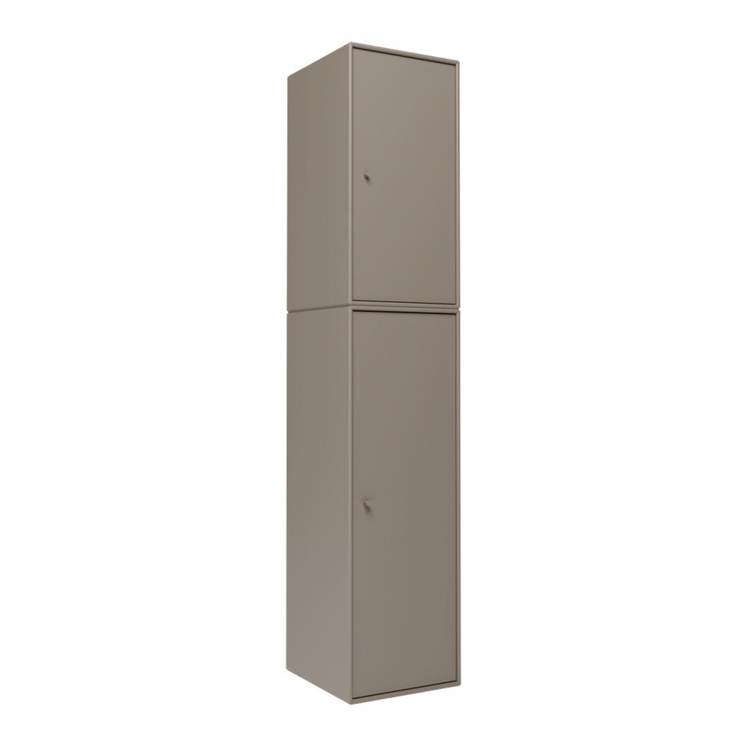 Tall, modern cabinet in a sleek, neutral taupe color with a smooth, matte finish and no visible patterns.