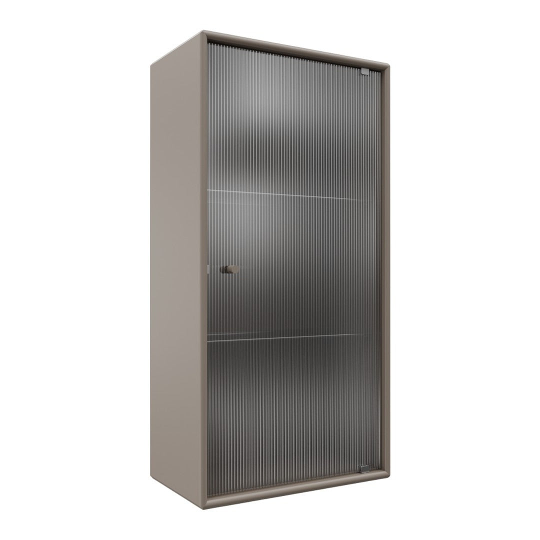 Beige storage cabinet with sleek, ribbed metal design; minimalist and modern aesthetic.