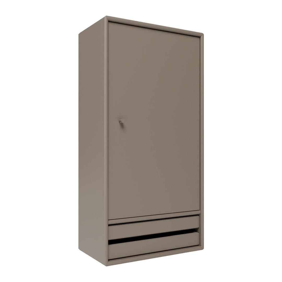 Sleek brown wardrobe with a smooth finish and minimalist design, featuring a single door and a drawer at the base.