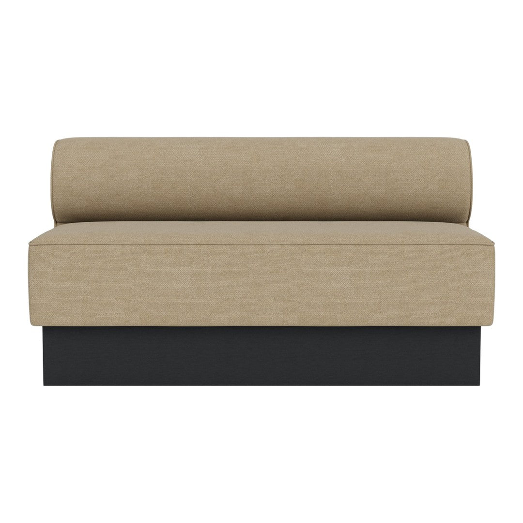Beige fabric loveseat with a cylindrical backrest and sleek black base. Modern minimalist design for any space.