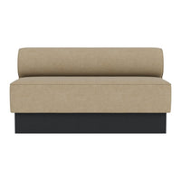 Beige fabric loveseat with a cylindrical backrest and sleek black base. Modern minimalist design for any space.