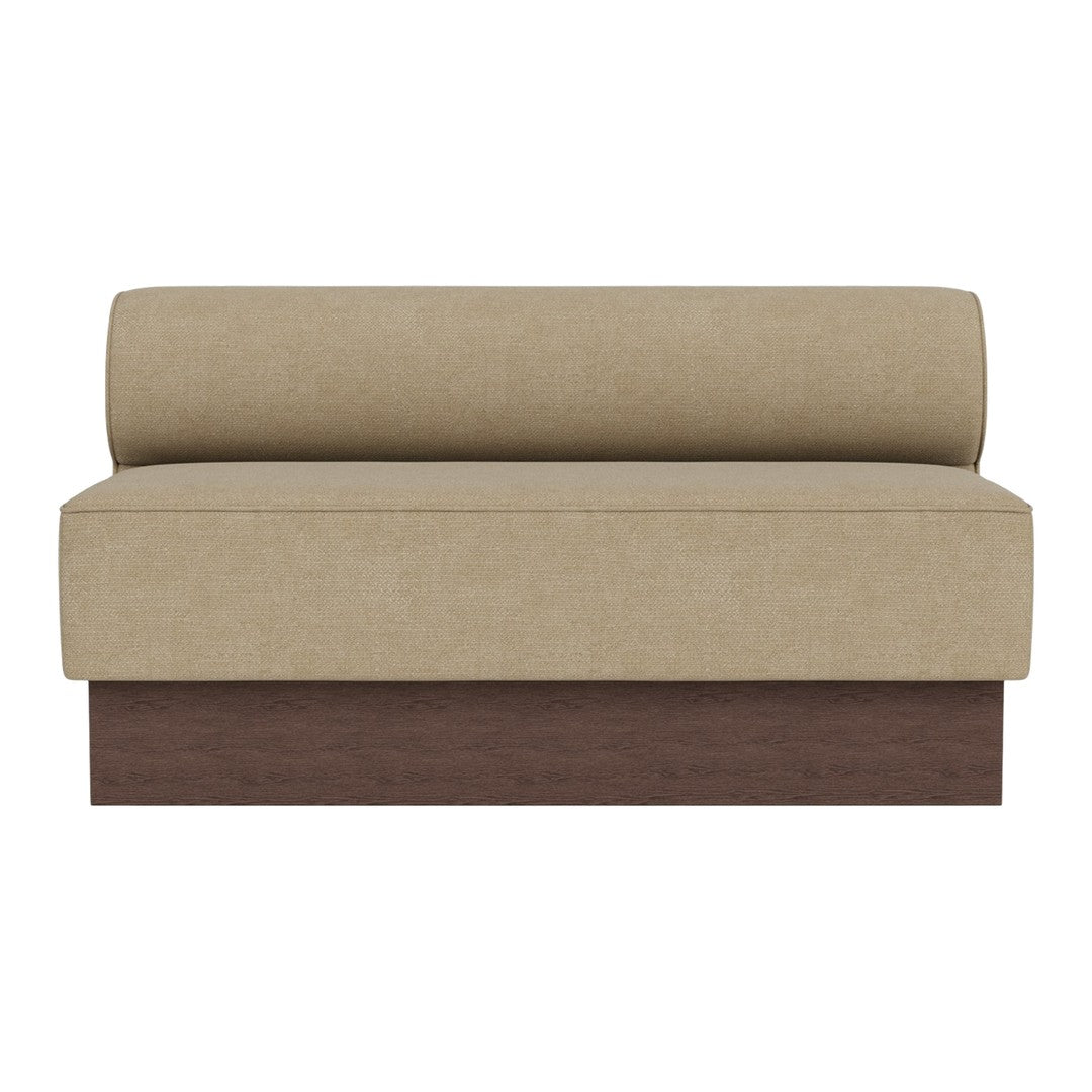 Beige upholstered sofa with a wooden base, featuring a smooth texture and modern design. Perfect for any decor.