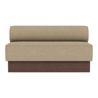 Beige upholstered sofa with a wooden base, featuring a smooth texture and modern design. Perfect for any decor.