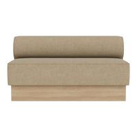 Beige, minimalist loveseat with a smooth, textured fabric and a simple wooden base. Perfect for modern decor.