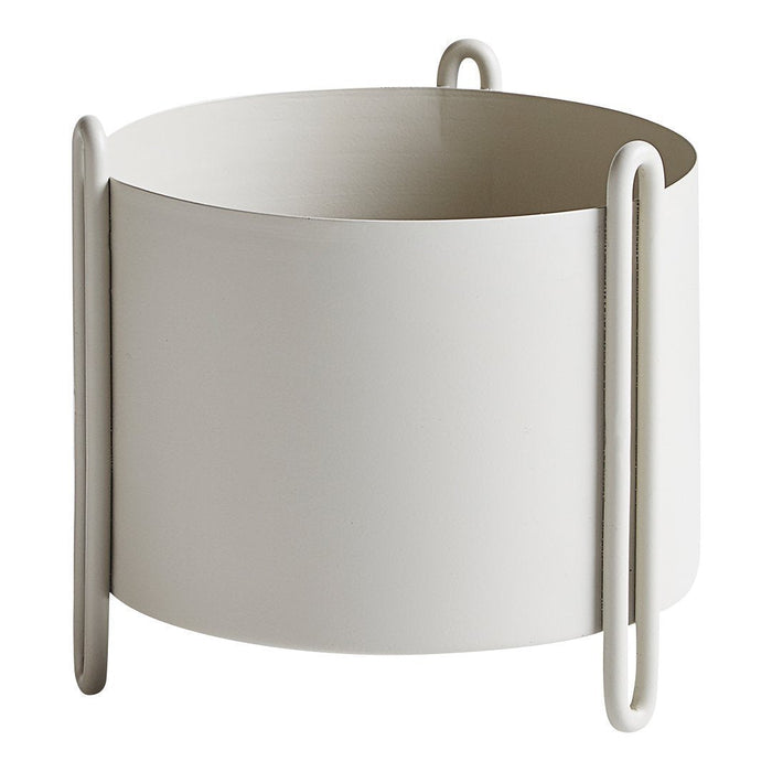 White cylindrical planter with minimalist design and metal handles, featuring a smooth matte finish.