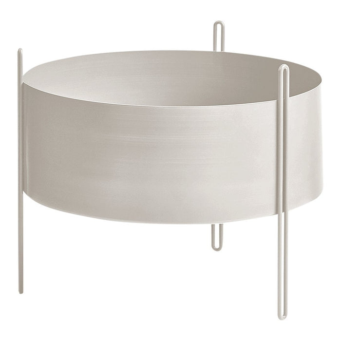 Round, matte white planter with sleek, minimalist design and two vertical supports for modern decor.