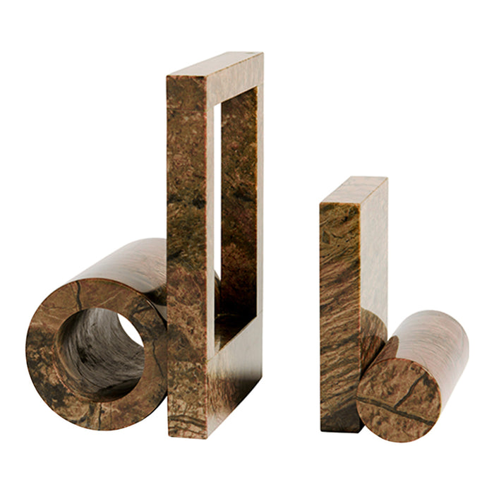 Elegant brown marble bookends with unique geometric patterns, showcasing rich earthy tones and polished finishes.