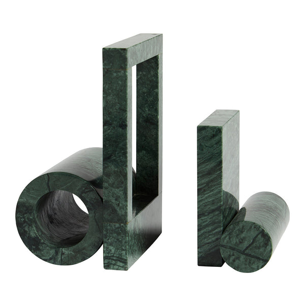 Green marble bookend set showcasing sleek geometric shapes with polished surfaces and subtle natural veining.