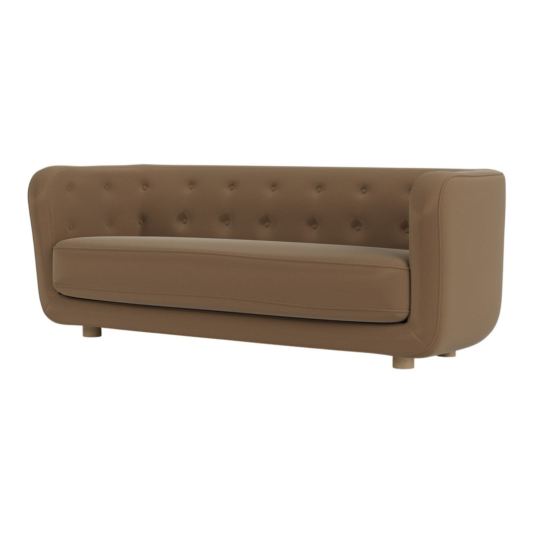 Brown tufted sofa with a smooth finish and rounded edges, ideal for contemporary living spaces.