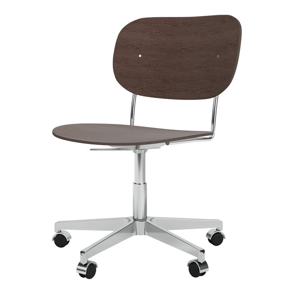 Brown wooden chair with sleek chrome base and five rolling wheels, featuring a minimalist design and contemporary style.