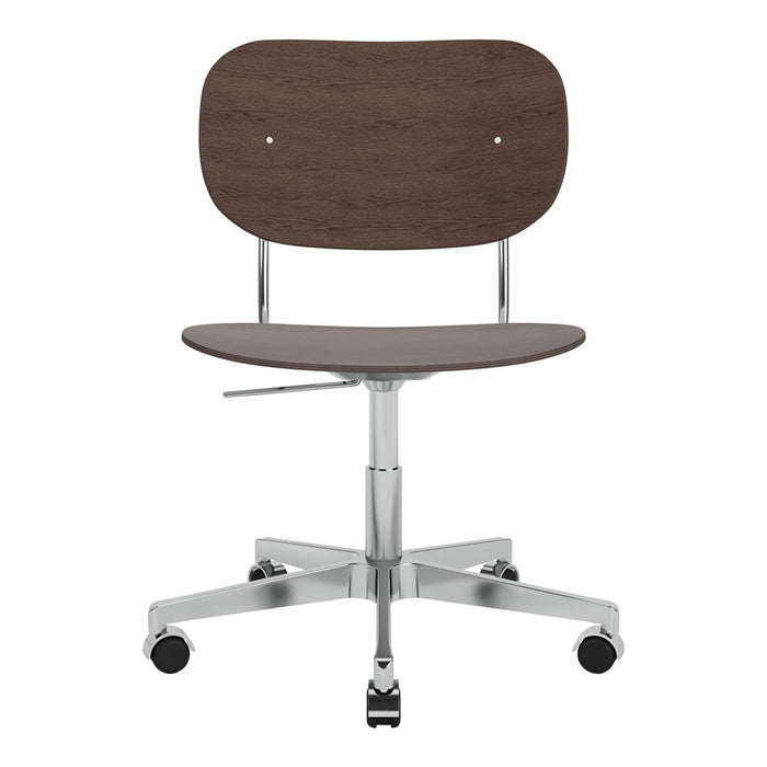 Brown wooden chair with a sleek chrome base and casual design, perfect for modern workspaces.