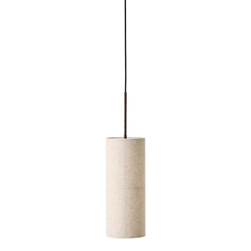 Minimalist beige cylindrical pendant lamp with a sleek black cord, perfect for modern decor.