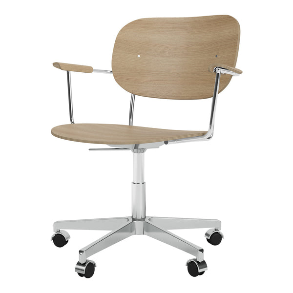 Light wood finish with a smooth grain, featuring a chrome base and rolling wheels for a modern office look.