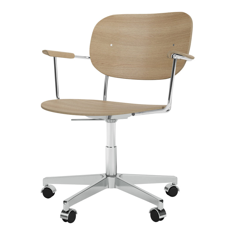 Light wood finish with a smooth grain, featuring a chrome base and rolling wheels for a modern office look.