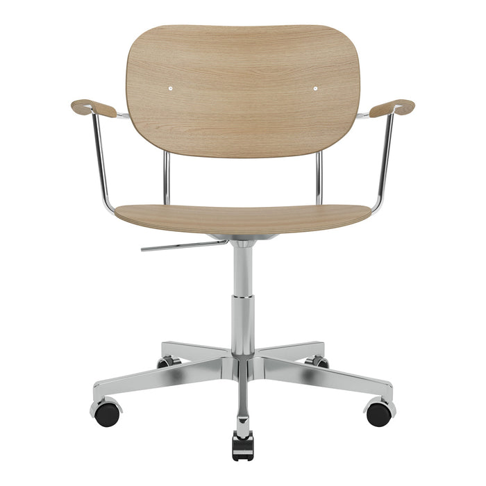 Light wood-toned chair with a smooth finish and a sleek chrome base, featuring a minimalist design and no intricate patterns.