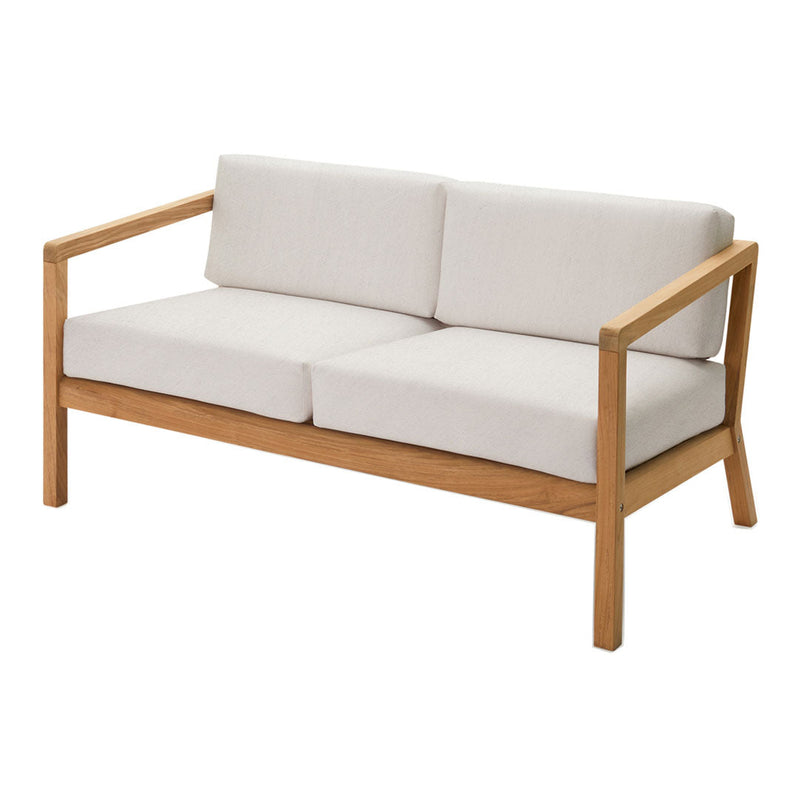 Light beige upholstery on a wooden frame, featuring a minimalist design with clean lines and a natural finish.