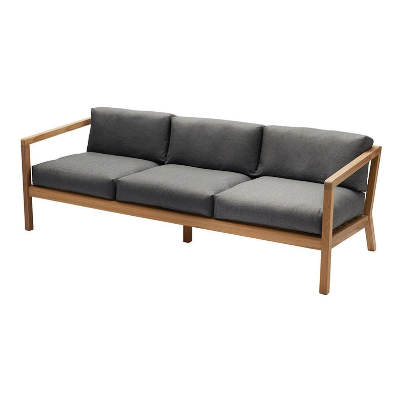 Gray three-seat sofa with a wooden frame, featuring a sleek, modern design and clean lines.