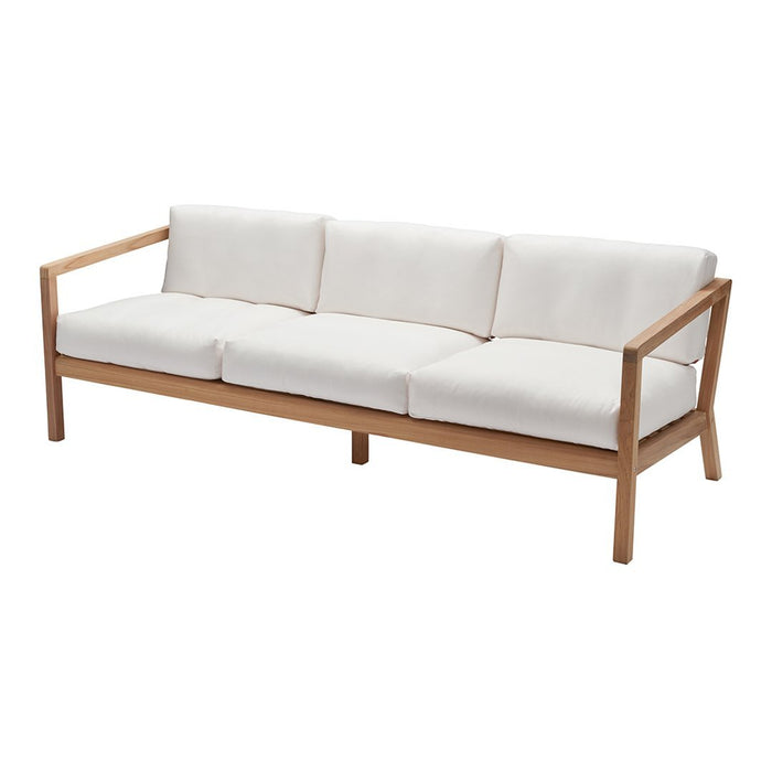 White three-seat sofa with natural wood frame and minimalist design. Perfect for modern living spaces.