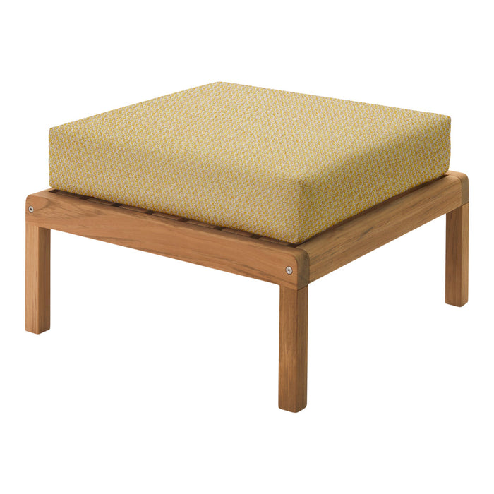 "Square ottoman with a light yellow patterned cushion and natural wood base, perfect for outdoor or indoor use."