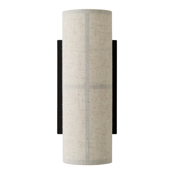 Light beige cylindrical lamp with subtle texture and black accents, featuring a minimalist design.
