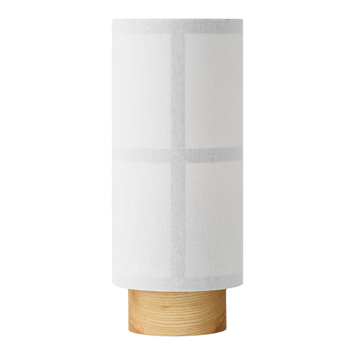 White cylindrical lamp shade with a minimalist grid pattern and a natural wood base.