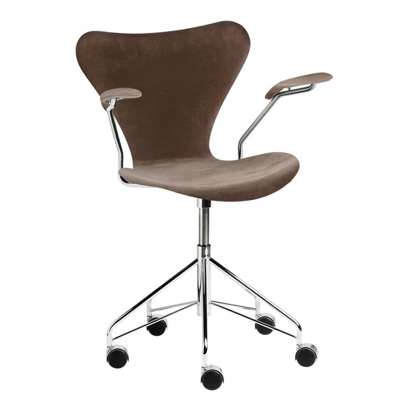Brown suede office chair on a chrome base with a modern design and sleek armrests. Perfect for contemporary spaces.