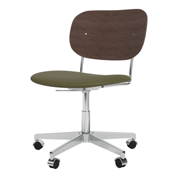 Brown wood backrest with olive green cushioned seat and silver chrome base, featuring five black wheels.
