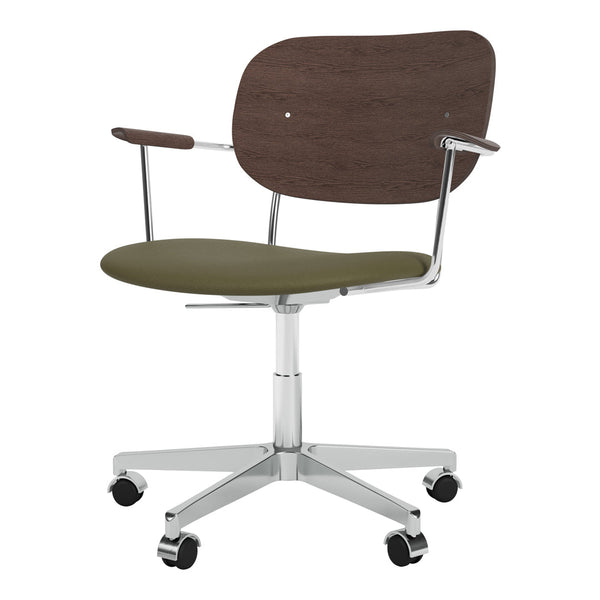 Modern office chair featuring a rich brown wood backrest and a sleek olive green seat, complemented by chrome accents.