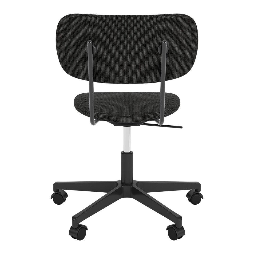 Black ribbed fabric office chair with a sleek gray base and five casters for easy mobility.