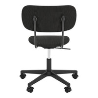 Black ribbed fabric office chair with a sleek gray base and five casters for easy mobility.