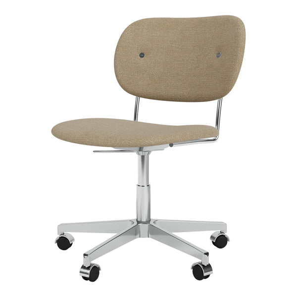 Beige upholstered office chair with a minimalist design and chrome base, featuring subtle button details.