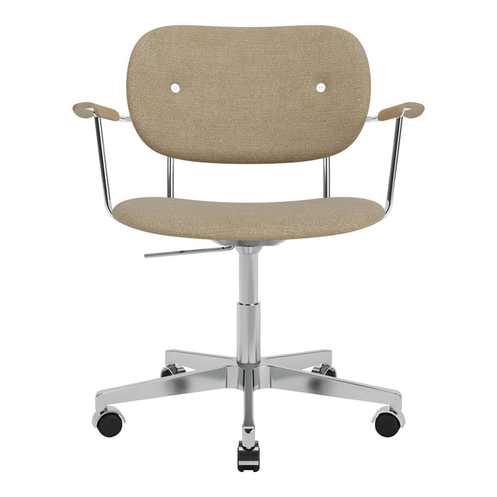 Beige padded office chair with a sleek chrome base and minimalist design. Versatile for home or office use.