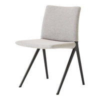 Light gray fabric chair with minimalist design and sleek black metal legs. Ideal for modern decor.