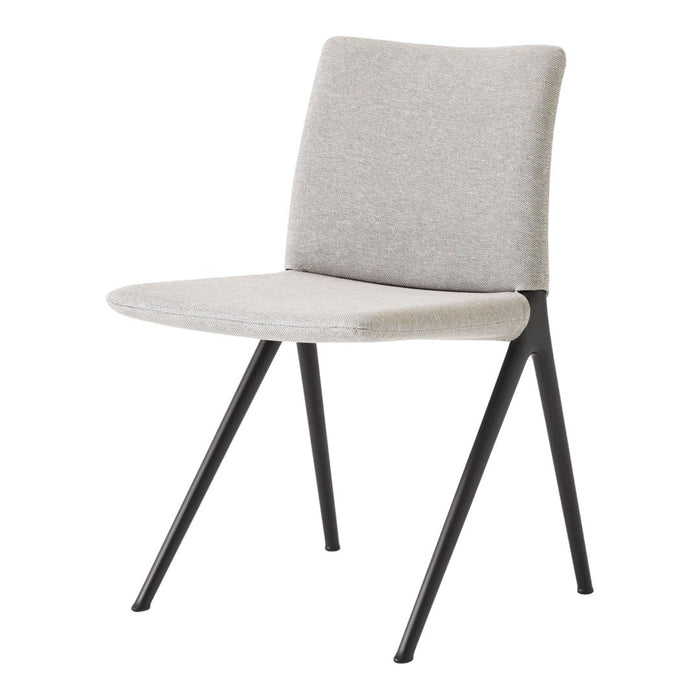 Light gray fabric chair with minimalist design and sleek black metal legs. Ideal for modern decor.