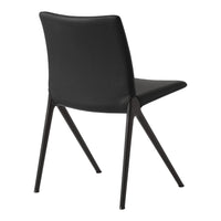 Black upholstered dining chair with sleek, minimalist design and tapered black legs. Perfect for modern interiors.