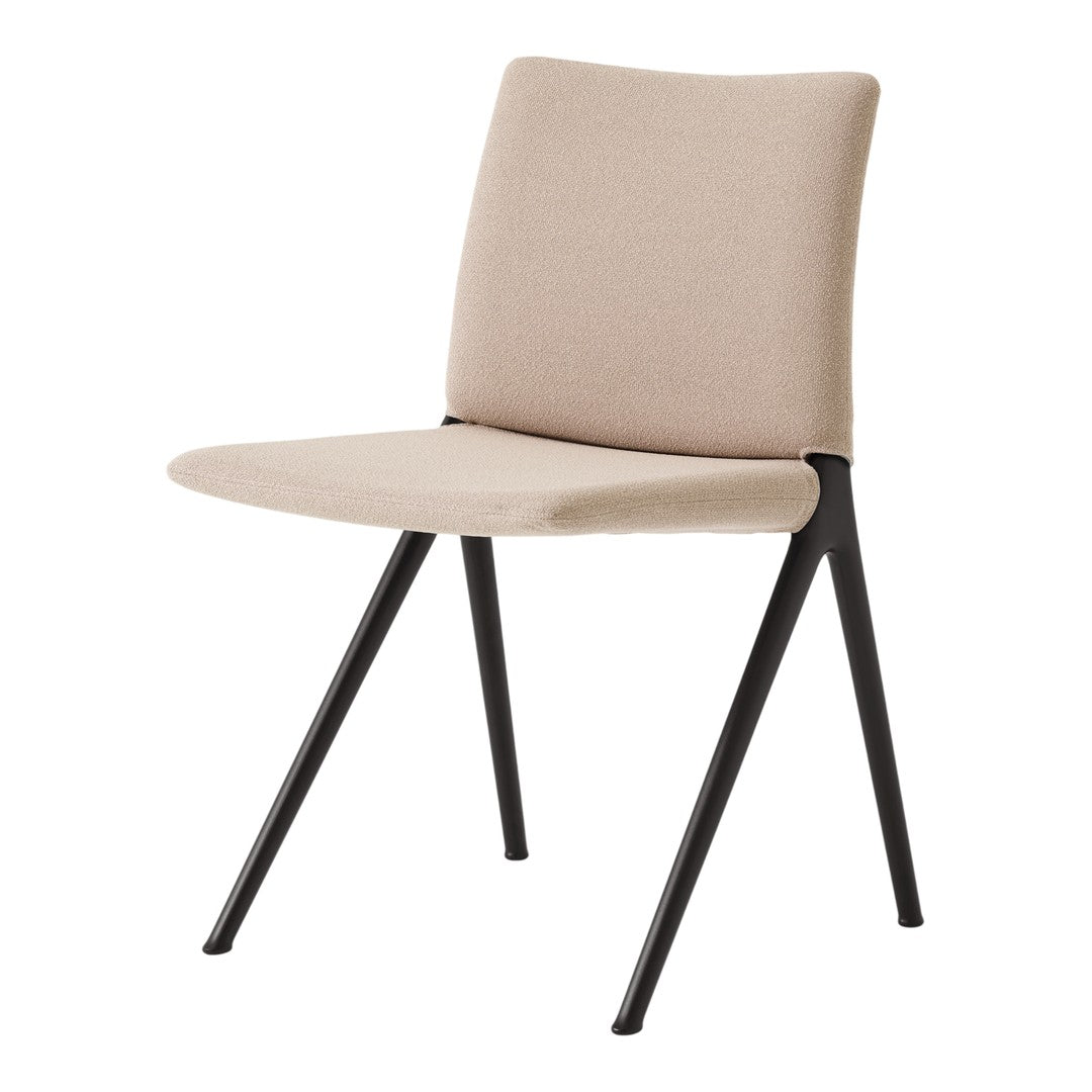 Beige upholstered chair with a simple, modern design and sleek black metal legs. Perfect for minimalist décor.