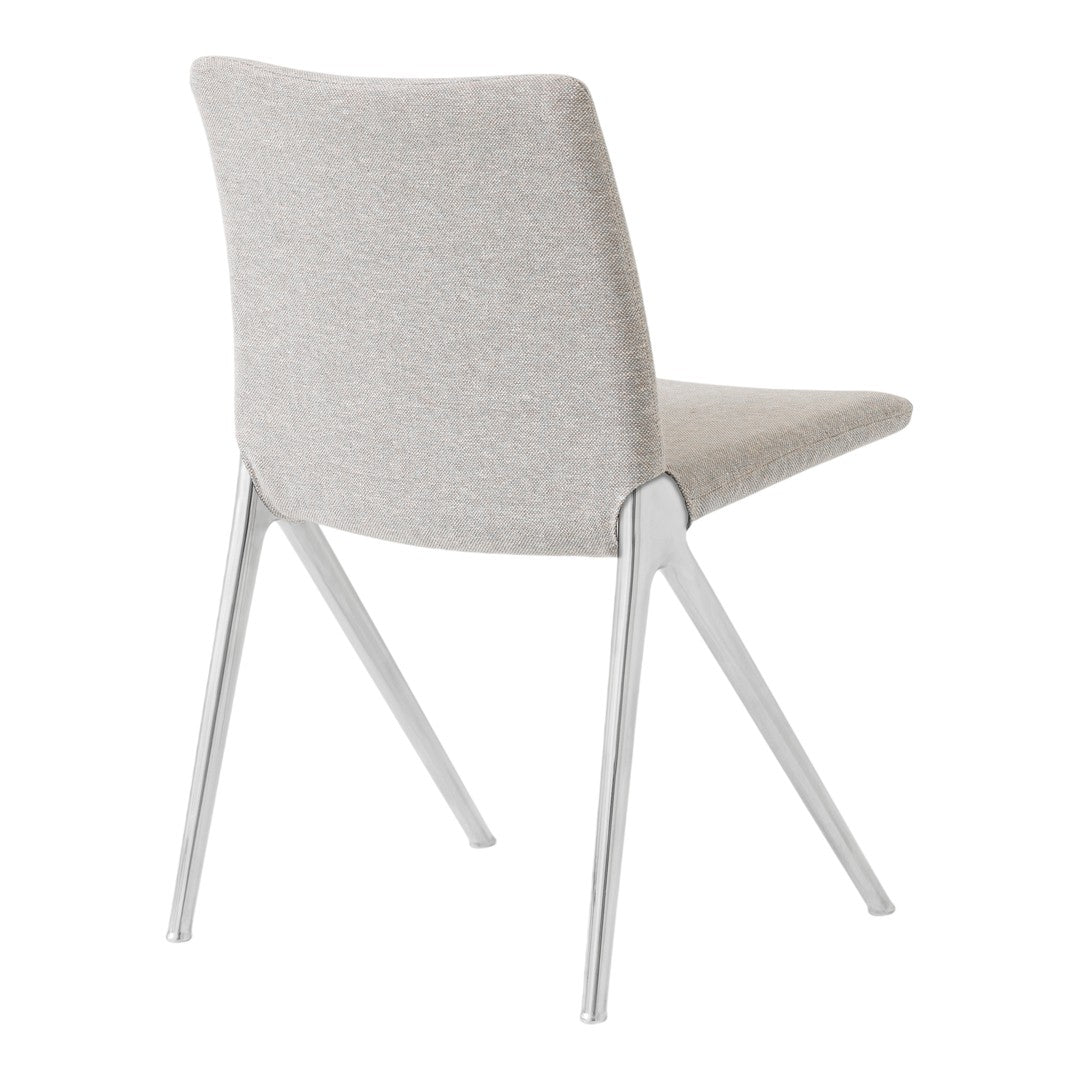 Gray upholstered chair with a plain pattern and sleek silver metal legs, designed for modern decor.