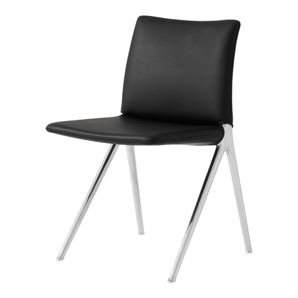 Black leather dining chair with sleek chrome legs and a minimalist design. Perfect for modern interiors.