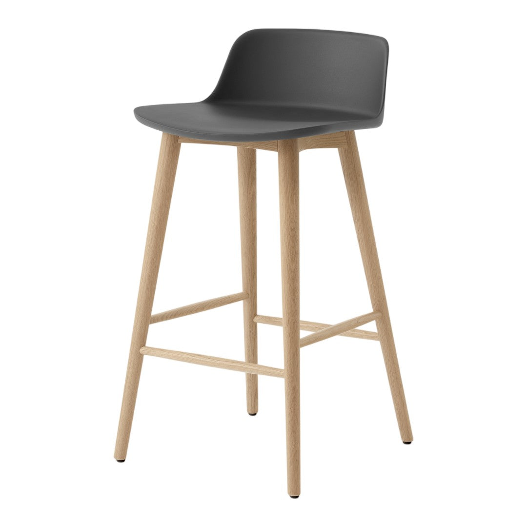 Modern black bar stool with a sleek design and natural wooden legs, perfect for contemporary decor.