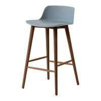 "Light blue bar stool with natural wood legs, featuring a minimalist design and smooth, curved seat."