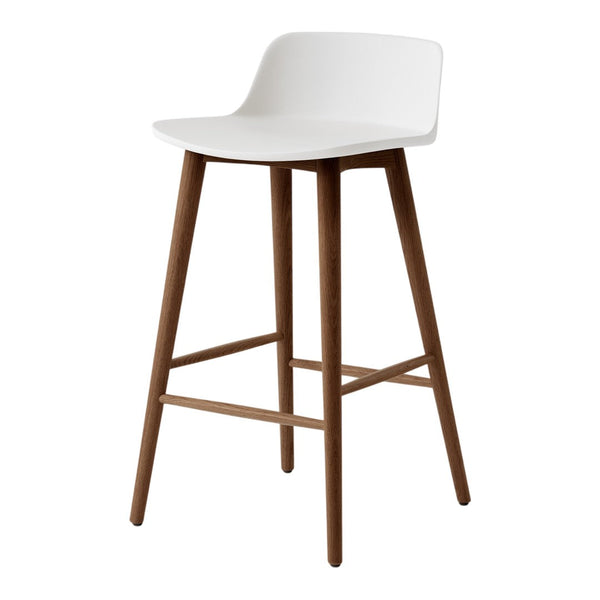 White bar stool with a smooth, minimalist seat and natural wooden legs, showcasing a clean, modern aesthetic.