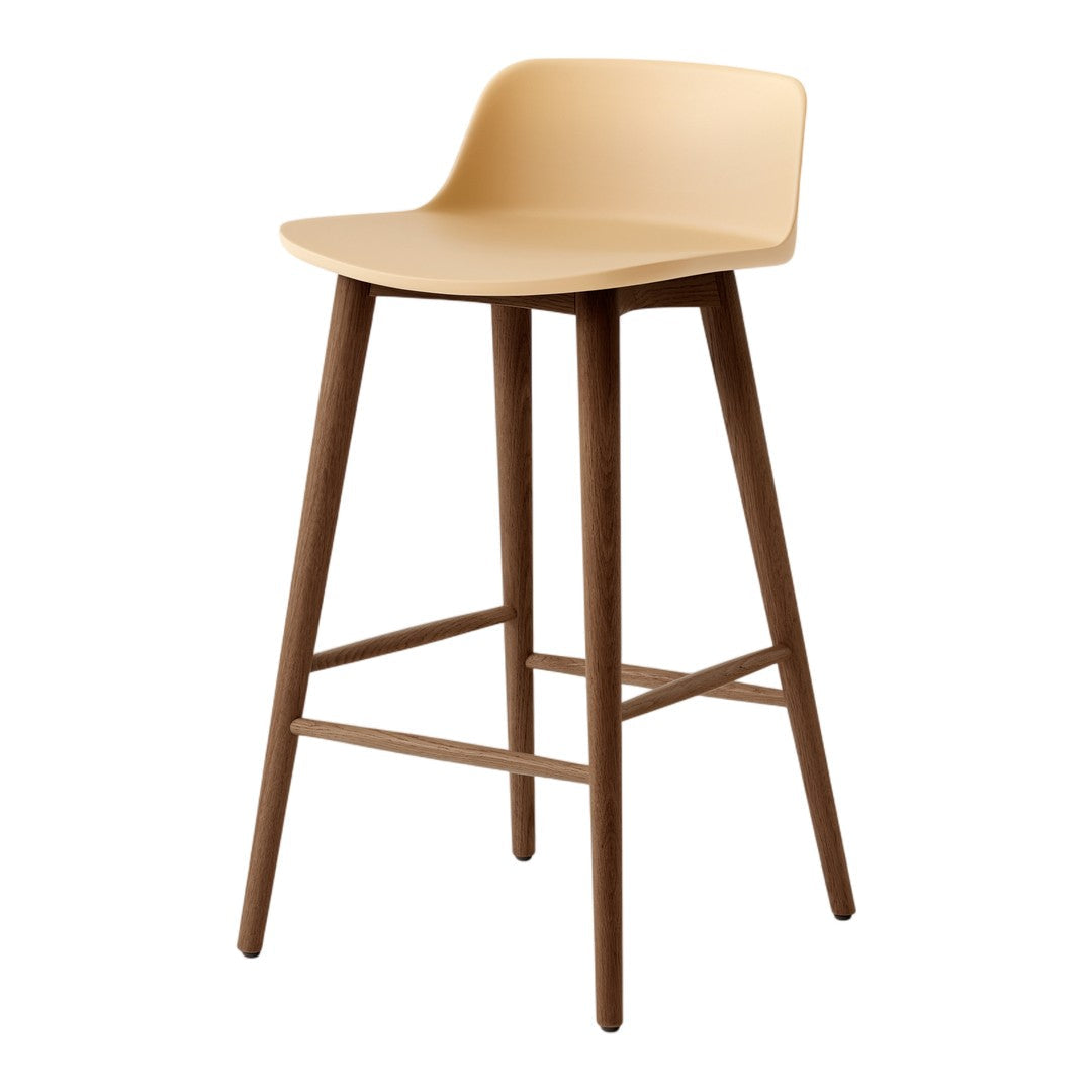 Beige plastic seat with wooden legs, sleek and modern design, perfect for contemporary bar or kitchen settings.