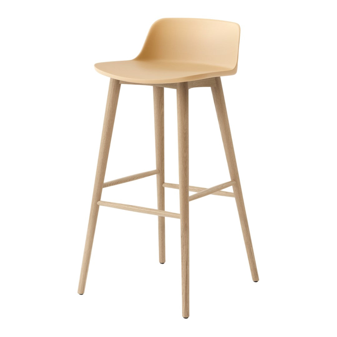 Beige bar stool with a smooth, curved seat and natural wood legs, showcasing a minimalist and modern design.