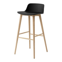 Modern black bar stool with a smooth matte finish and light wooden legs. Sleek, minimalist design.